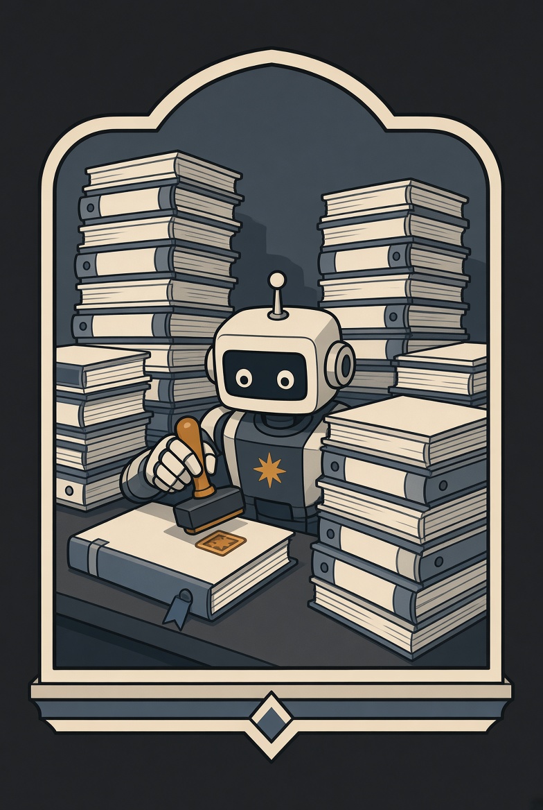 Emblem: ein kleiner Roboter stempelt immer neue Handover-Ordner.