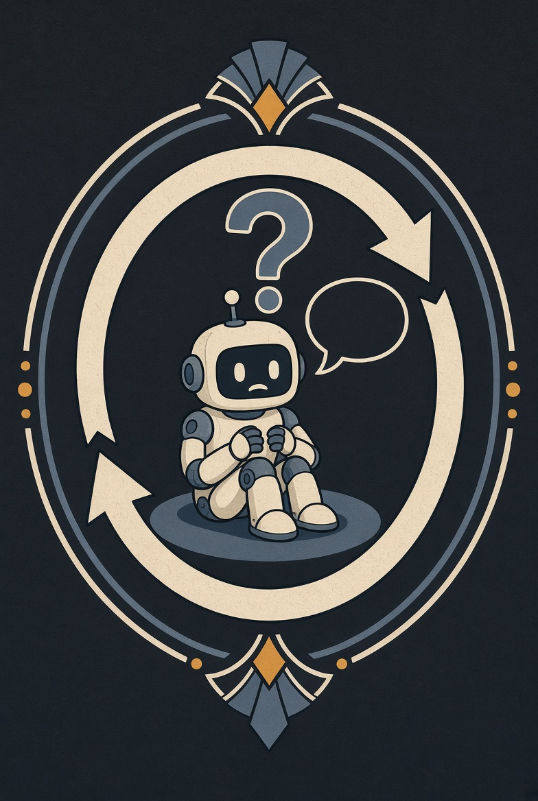 Emblem: ein Roboter sitzt in einer Frageschleife.