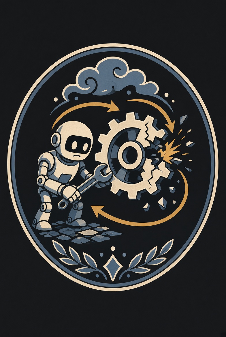 Emblem: ein Roboter repariert ein Zahnrad, das wieder bricht.