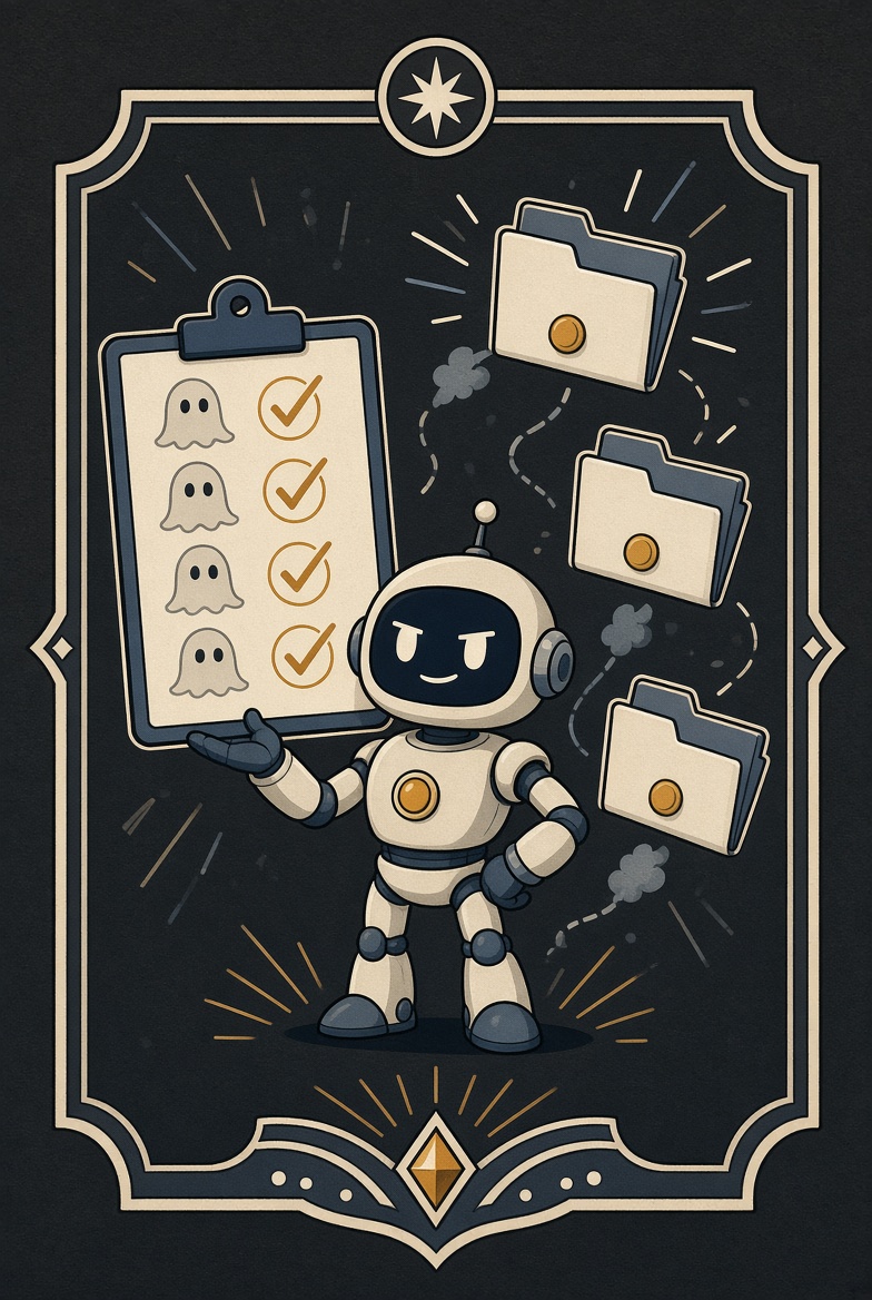 Emblem: ein Roboter zeigt eine Checkliste aus Geisterhaken.