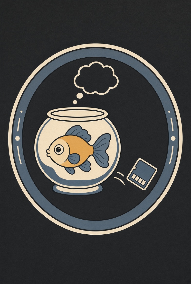 Emblem: ein Goldfisch im Glas, eine Speicherkarte gleitet aus dem Kontext.