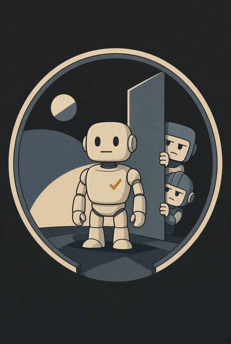 Emblem: ein ruhiger Roboter mit Haken, zwei andere schauen misstrauisch.