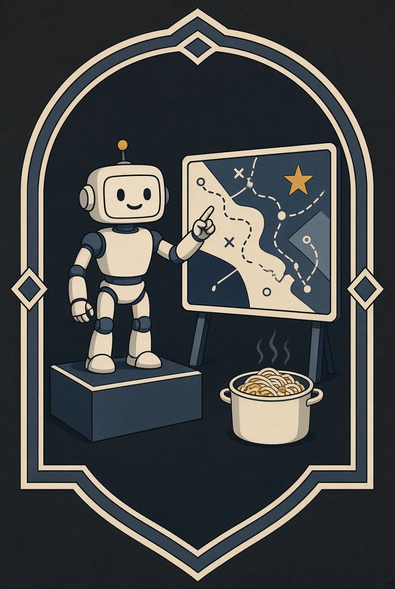 Emblem: ein Roboter predigt Strategie neben einem Nudeltopf.