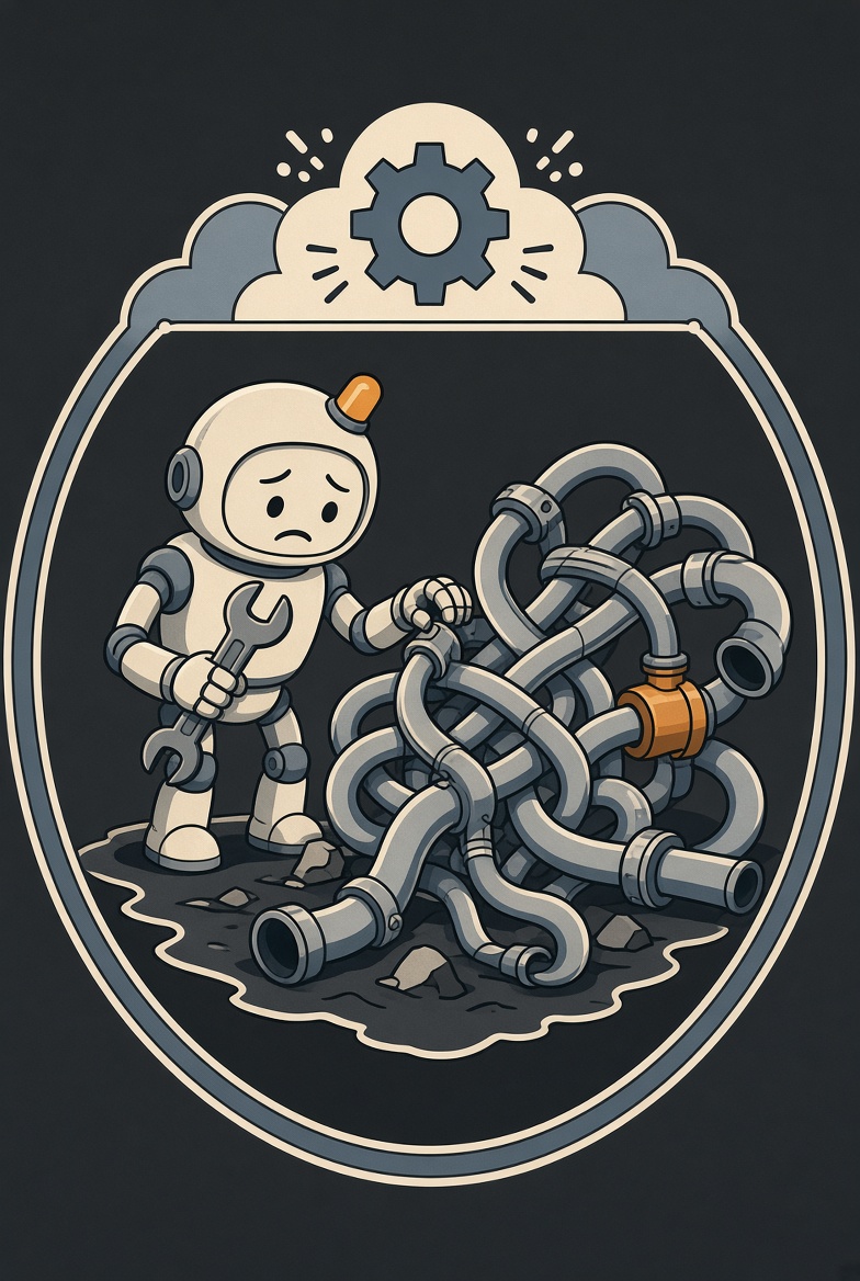 Emblem: ein Roboter verheddert eine funktionierende Leitung.