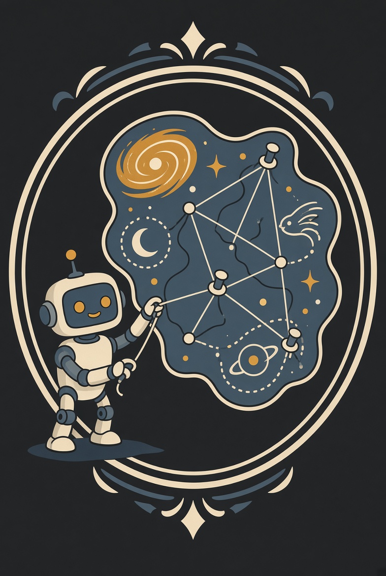 Emblem: ein Roboter verbindet drei Punkte zu einem Sternbild.