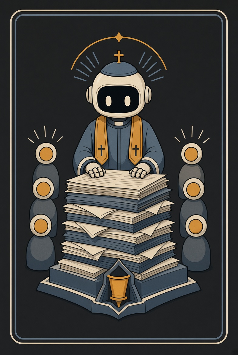 Emblem: ein Roboter-Priester hinter einem Altar aus Papier.