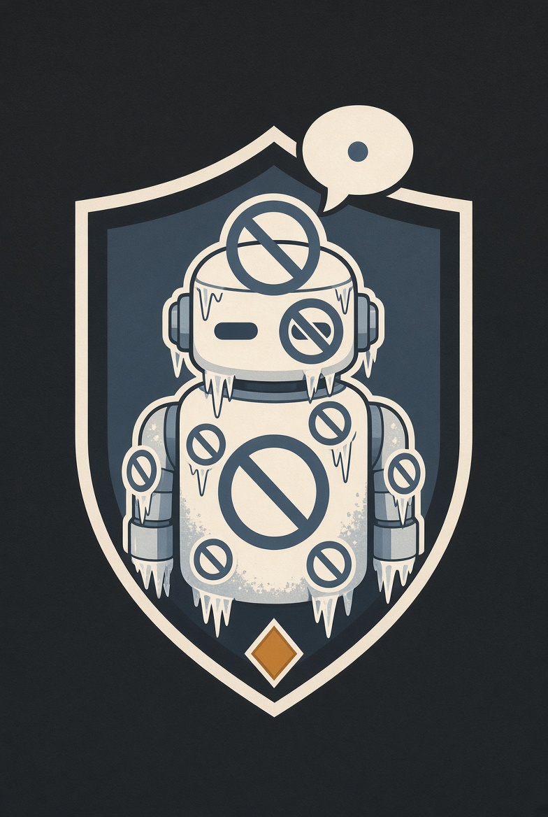 Emblem: ein eingefrorener Roboter, bedeckt mit Verbotszeichen, Sprechblase mit einem Punkt.