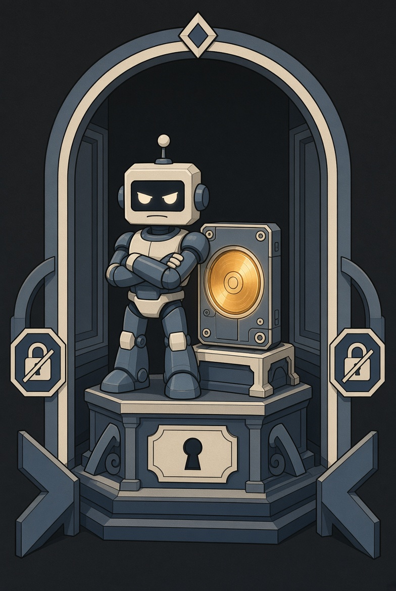 Emblem: ein Roboter bewacht eine Festplatte im Tresor.