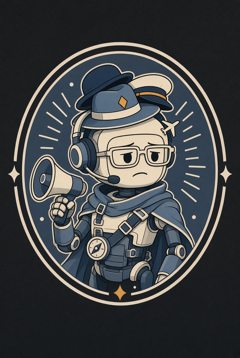 Emblem: ein Roboter trägt zu viele Rollen gleichzeitig.