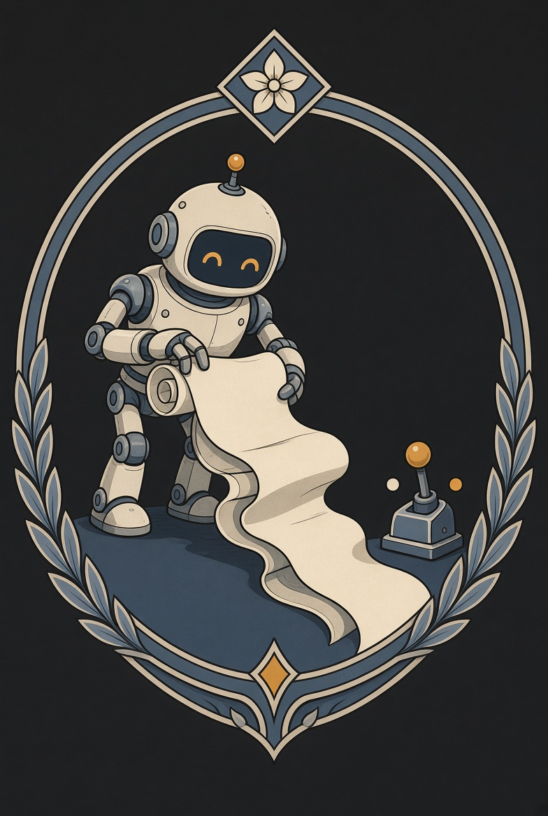 Emblem: ein Roboter rollt eine endlose Schriftrolle aus.