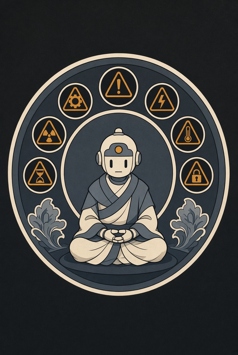 Emblem: ein Roboter-Mönch sitzt still im Kreis aus Warnzeichen.