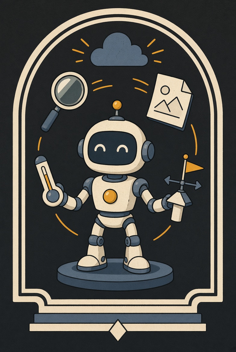 Emblem: ein Roboter jongliert Lupe, Dokument, Thermometer und Wetterfahne.