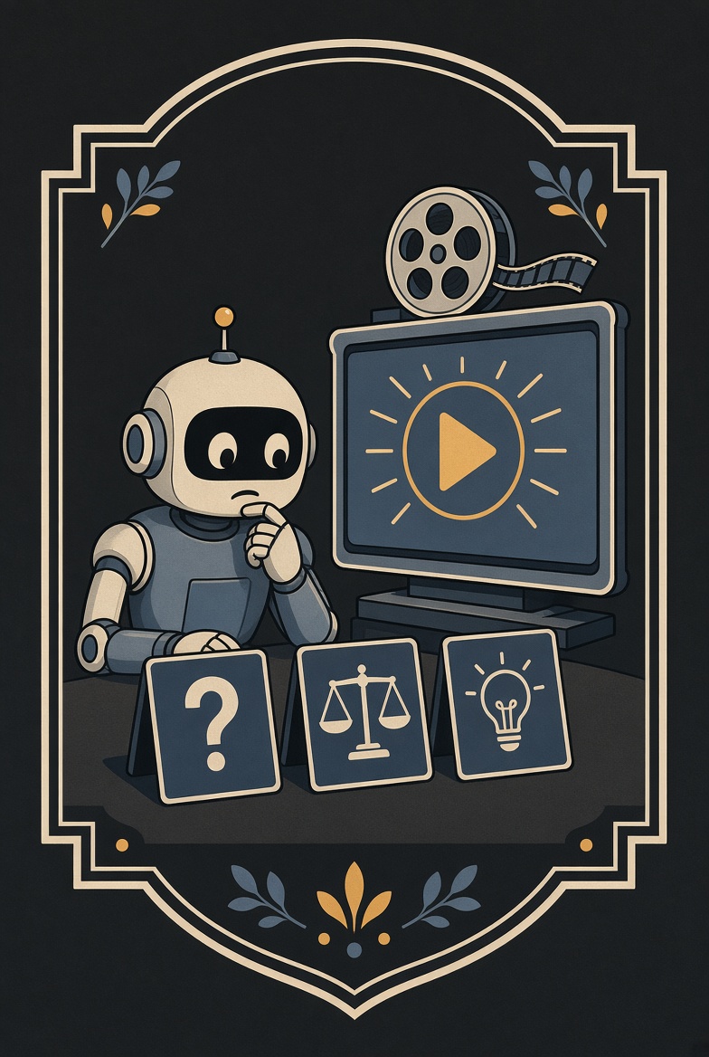Emblem: ein Roboter diskutiert Captions vor einem bereits laufenden Film.