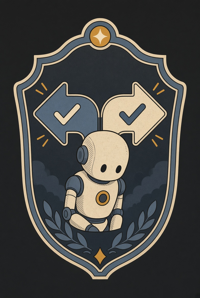 Emblem: ein Roboter nickt zwei gegensätzlichen Pfeilen zu.